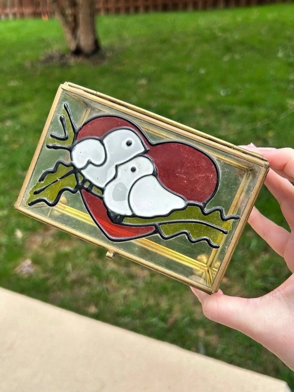 Vintage Stained Glass Brass Jewelry Box With Red Heart Birds Pigeons Love Birds